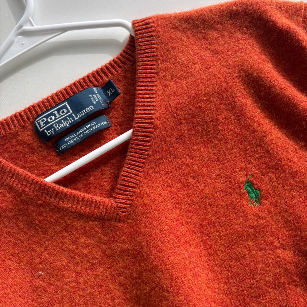 Polo Ralph Lauren Mens Orange‎ Lambswool V Neck Sweater XL